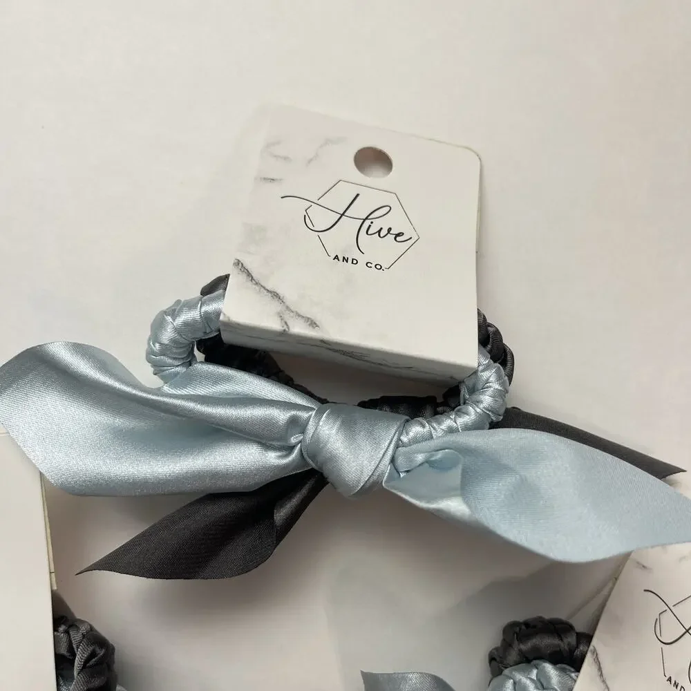 Lot of 6 Hive and Co Satin Hair Ties with‎ Bow - 2 count Each Light Blue & Gray